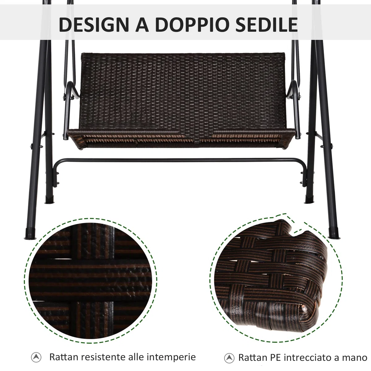 Outsunny Dondolo da Giardino 2 Posti in Rattan con Tettuccio Parasole Regolabile, Dondolo da Esterno con Struttura in Acciaio, Portata 180 kg, 140x110x151 cm, Marrone e Grigio