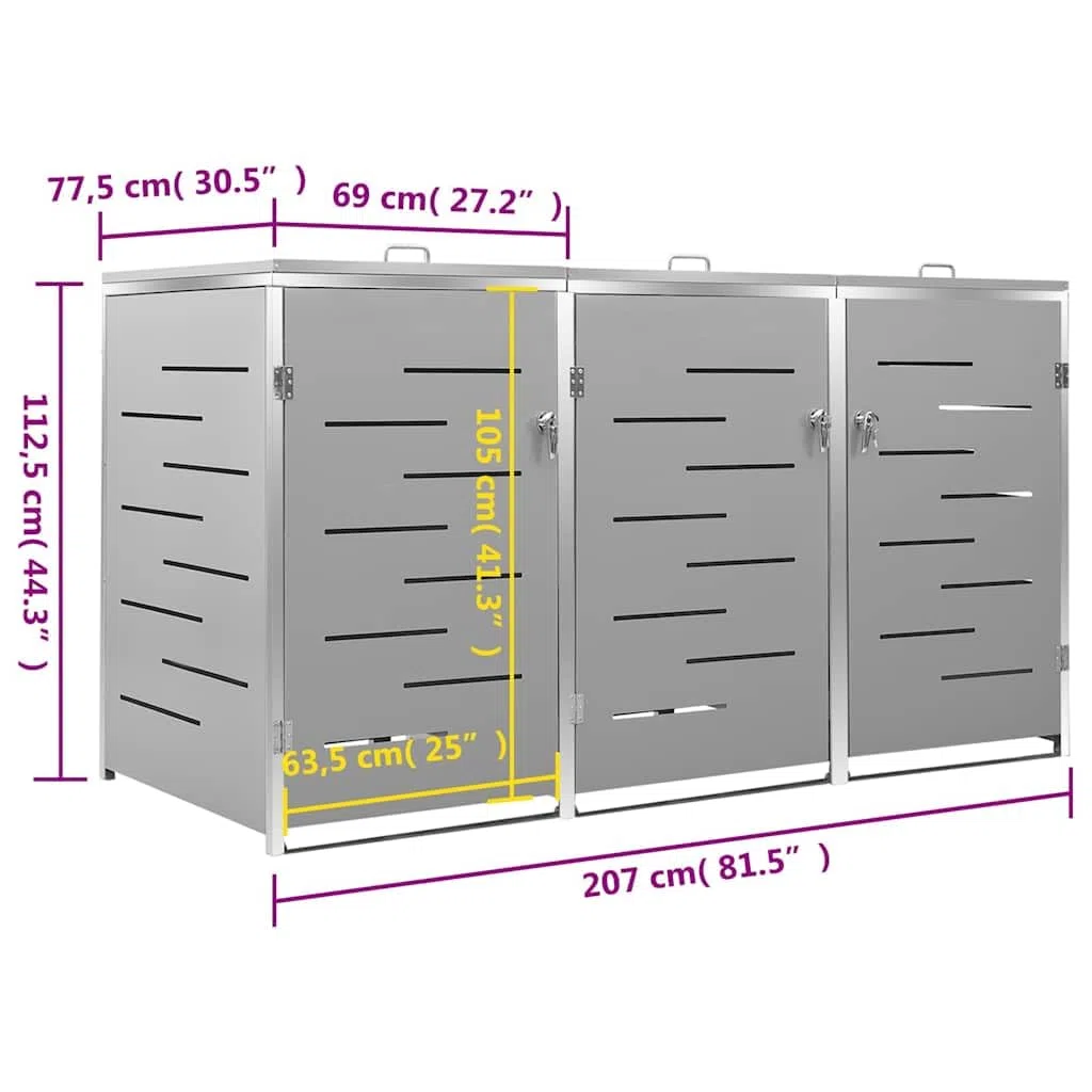 vidaXL Copribidone per Spazzatura Triplo 207x77,5x115 cm in Acciaio Inox