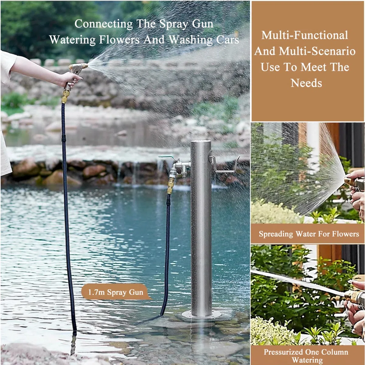 Fontana da Giardino Esterno con Struttura a Colonna con Staffa per Appendere Il Tubo e Doppio Rubinetto, Fontanella a Colonna In Acciaio Inox 86cm