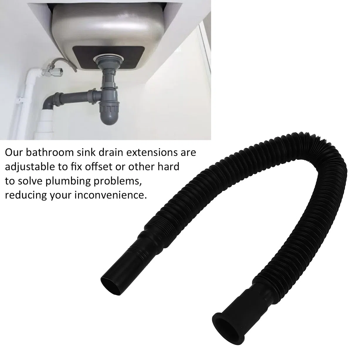 PVC Water Pipe for Kitchen, 2 Pack Flexible Drain Pipe and Adjustable Sink Drain Hose, Black