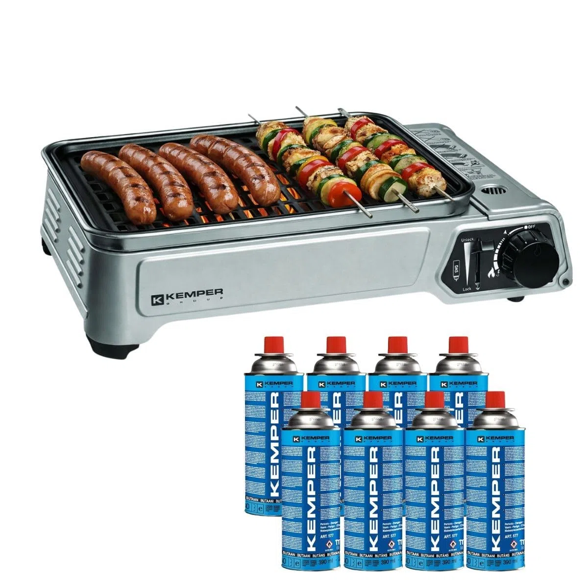 Kemper - Barbecue a gas portatile da 1900 W, griglia anti aderenza + 8 cartucce gas butano - Piccolo barbecue a gas ideale per campeggio, terrazza, esterno