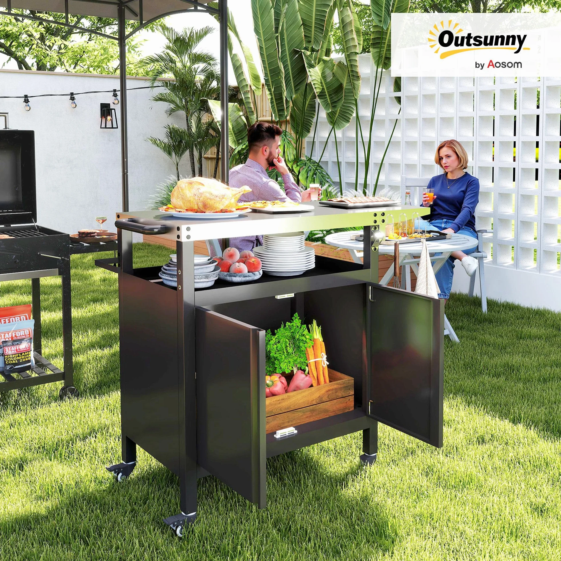 Outsunny Carrello Barbecue con Piano in Acciaio Inox e Tavolino Laterale Pieghevole, Tavolo Cucina da Esterno per Forno Pizza con Ruote, Maniglia, 6 Ganci e Apribottiglie, 116x50x93 cm, Nero