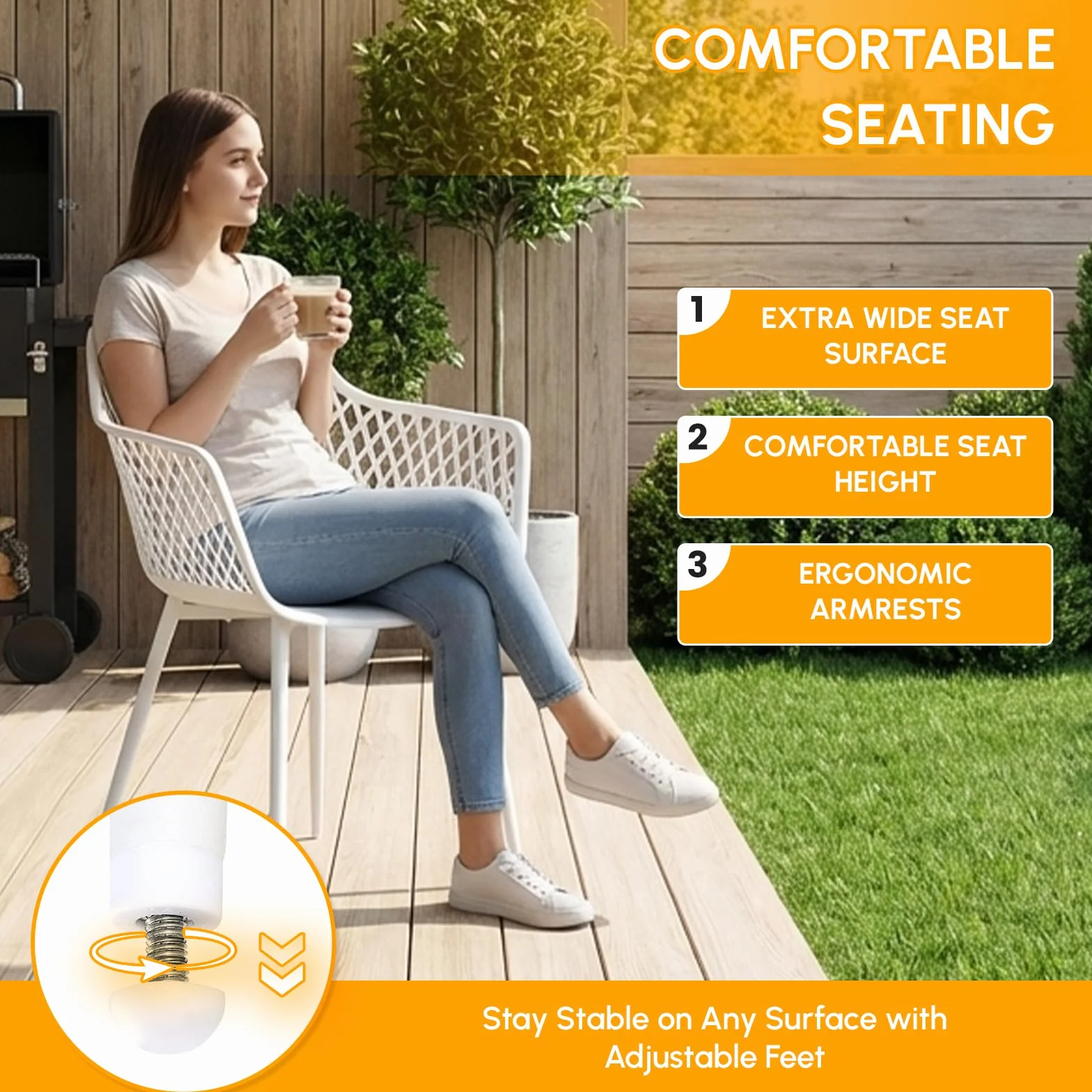 buybyroom Set di 6 sedie da giardino in plastica con braccioli, eleganti e facili da pulire, colore bianco