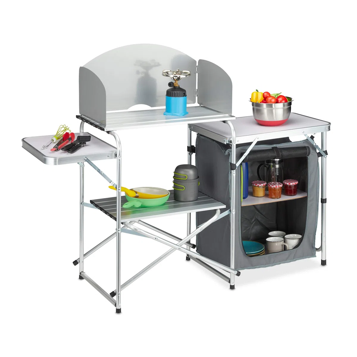 Relaxdays Cucina da Campeggio con Protezione Antivento, Custodia, Pieghevole, Alu e MDF, 111x147x46 cm, Bianco-Grigio