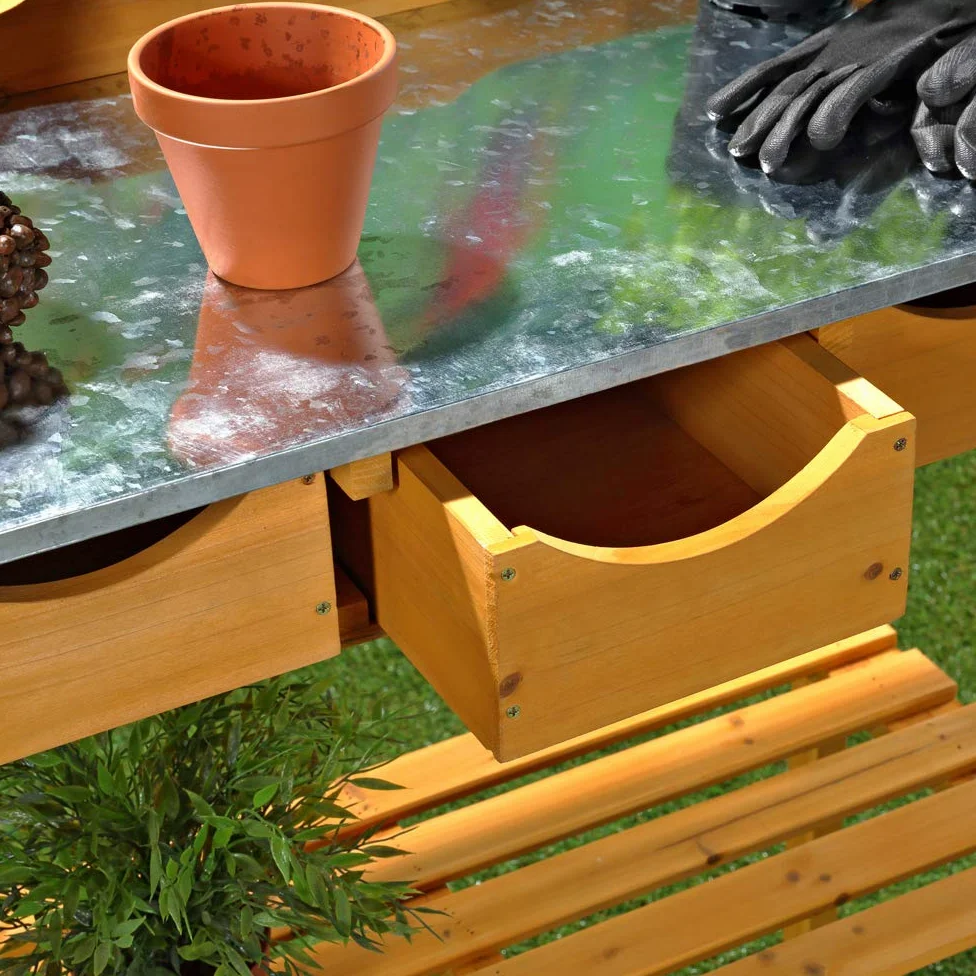 Melko Tavolo da lavoro per giardino Tavolo da giardino Tavolo per piante con TRE cassetti in stile country in legno di abete per esterni, 80 x 40 x 82 cm, marrone miele