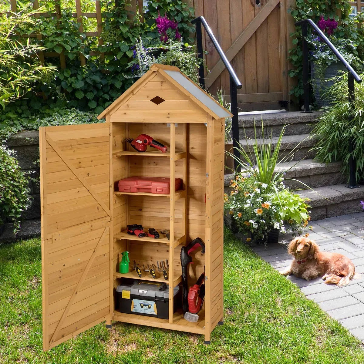 HOMASIS Casetta da Giardino in Legno, Casetta Porta Attrezzi Impermeabile con 5 Ripiani, Capanno da Giardino con Tetto Zincato e Serratura, Armadio da Esterno, Balcone (80 x 45 x 177 cm)