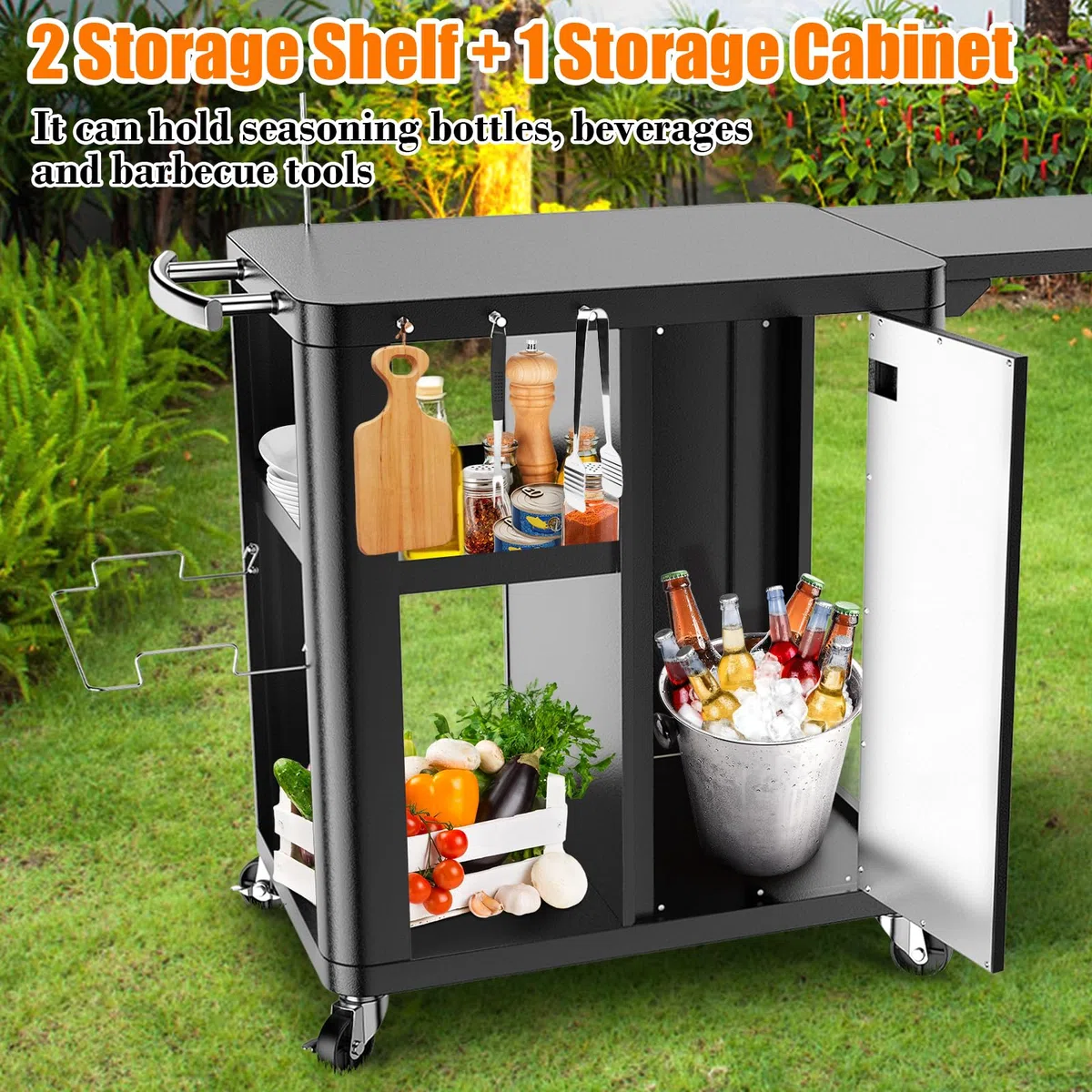 GFTIME Carrello per barbecue, tavolo con tavolino pieghevole, cucina all'aperto con gancio, scaffale e armadio, carrello da portata con ruote, cucina esterna, 143 x 37 x 89 cm