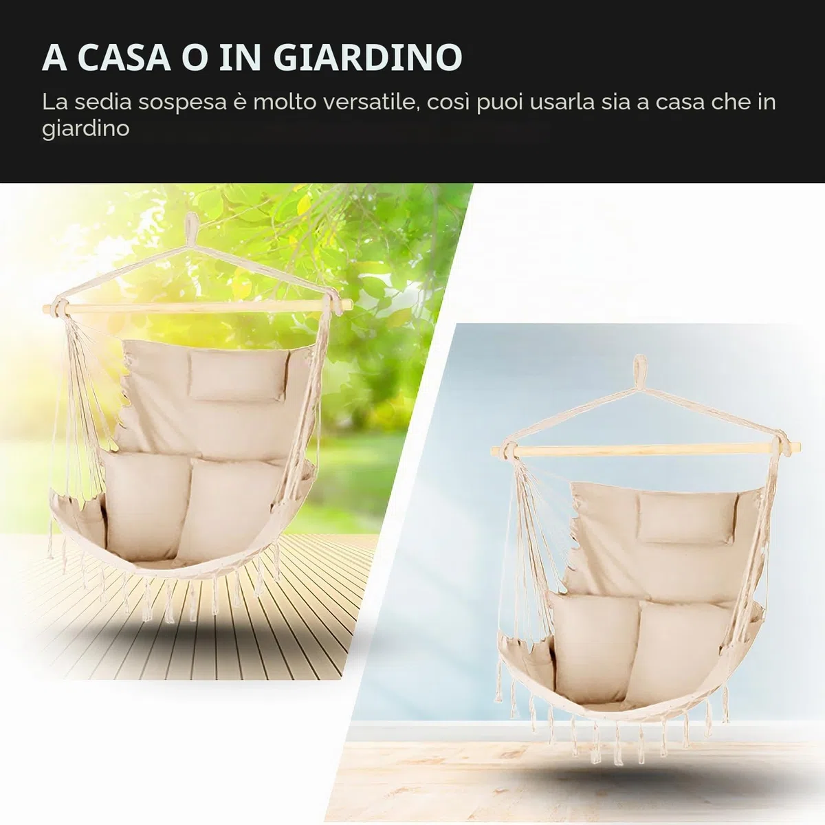 Poltrona Sospesa da Giardino - Sedia a Dondolo Sospesa - Capacità 150 kg - Sospesa con 3 Cuscini - Sedia Amaca - Tasca laterale - Esterno e Interno
