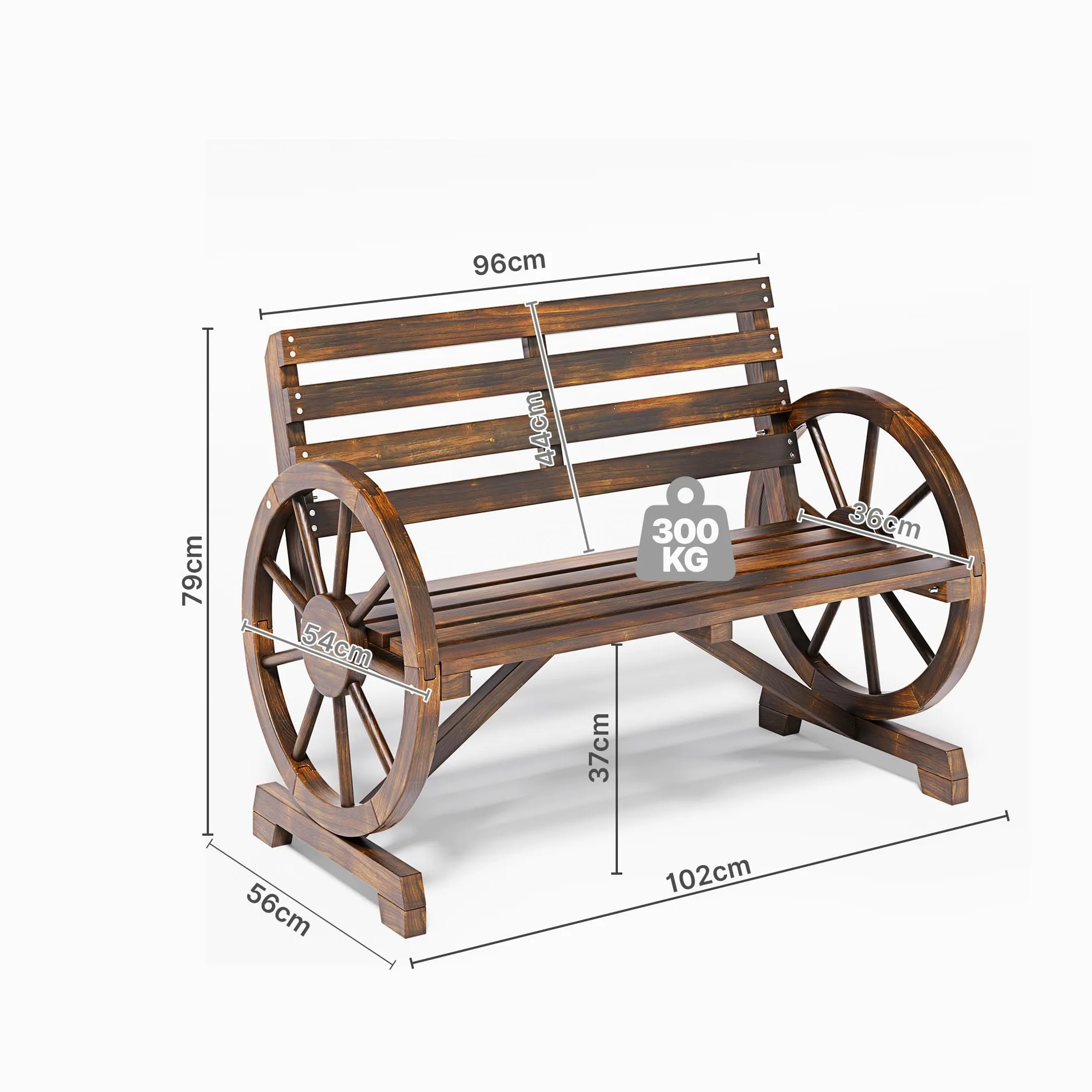 Panca da esterno a 2 posti, resistente alle intemperie, con braccioli a forma di ruota, in legno con schienale, in stile country, per patio, giardino, parco, 105.5 x 56 x 79 cm.