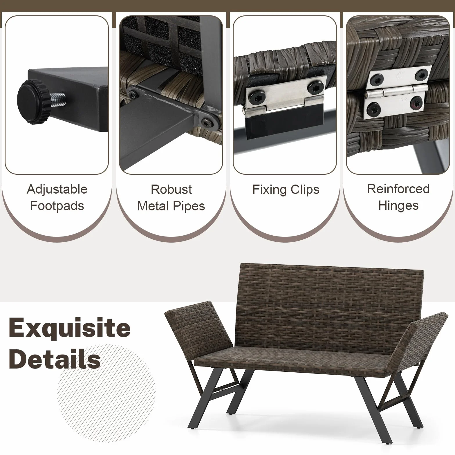 GIANTEX Divano da giardino in rattan a 2 posti, panca convertibile da esterno con braccioli regolabili, design intrecciato, lunghezza 163-178 cm, carico 300 kg, lettino da giardino per terrazza