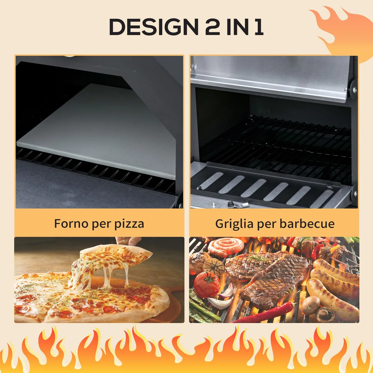 Outsunny Forno per Pizza Barbecue a Carbonella, BBQ da Esterni/Giardino in Acciaio Inox con Termometro, 64x54x160cm