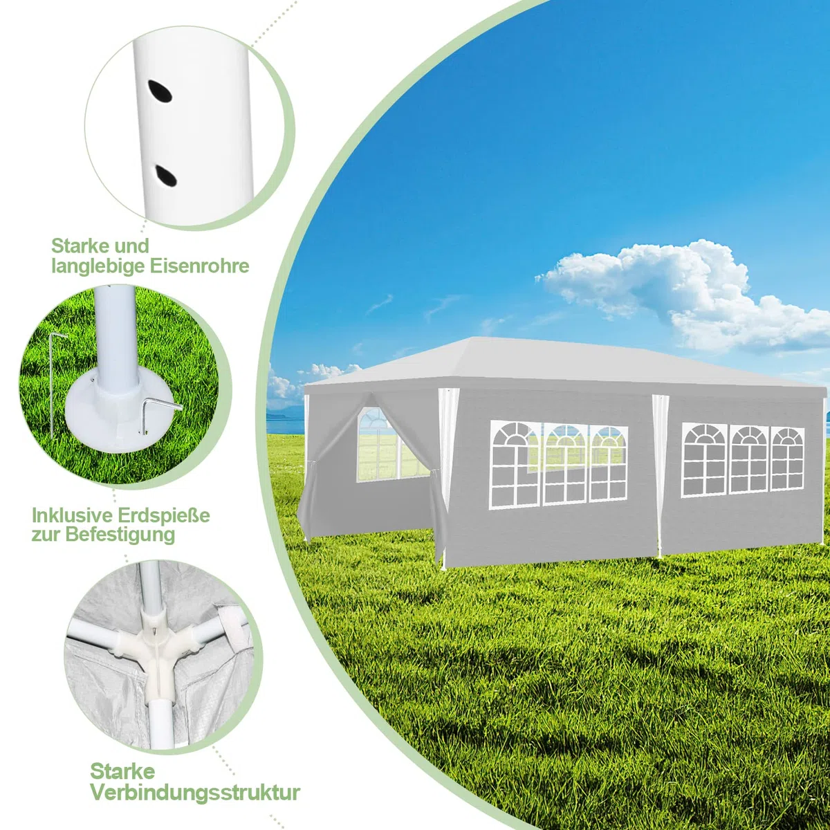 Gazebo da 3 x 6 m, tenda per feste impermeabile, tenda da giardino, 100 g/m², birreria, alta qualità, in PE, resistente ai raggi UV, con 6 pannelli laterali, bianco