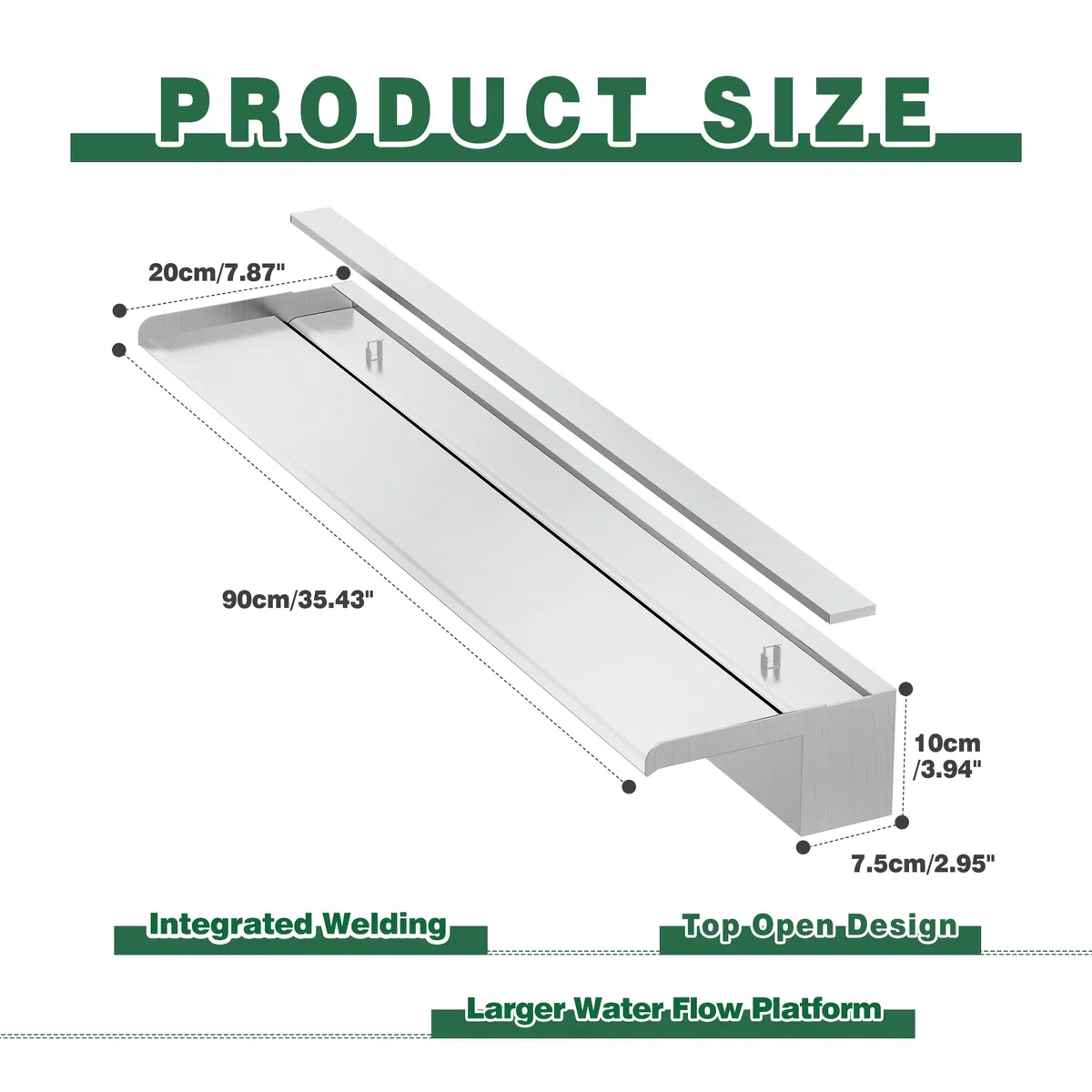 Kit con lama a cascata per laghetto, fontana da 90 cm in acciaio inox con accessori, larghezza 20 cm, fontana per giardino, patio, stagno