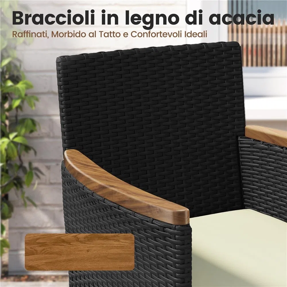 Yaheetech Set di 5 Mobili da Giardino in Rattan PE Mobili da Balcone con 2 Poltrone 2 Poggiapiedi 1 Tavolino in Vetro per Esterno Patio Terrazza Nero/Beige