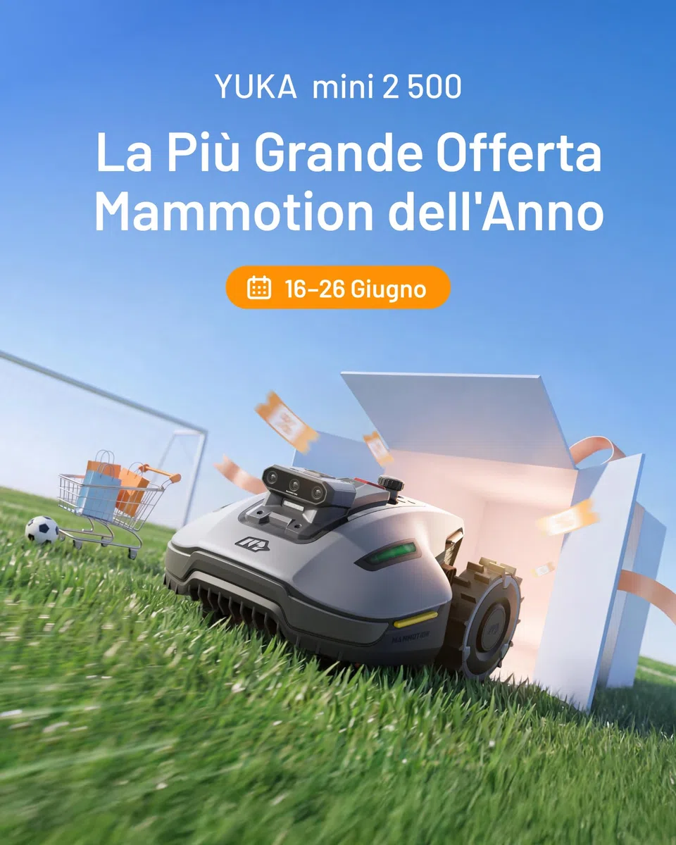 MAMMOTION YUKA mini 2 500 Robot Tagliaerba senza Cavo, Nessuna Perdita di Segnale, Senza RTK, Visione AI Tri-Cam, DropMow, Mappatura Auto Multi-zona