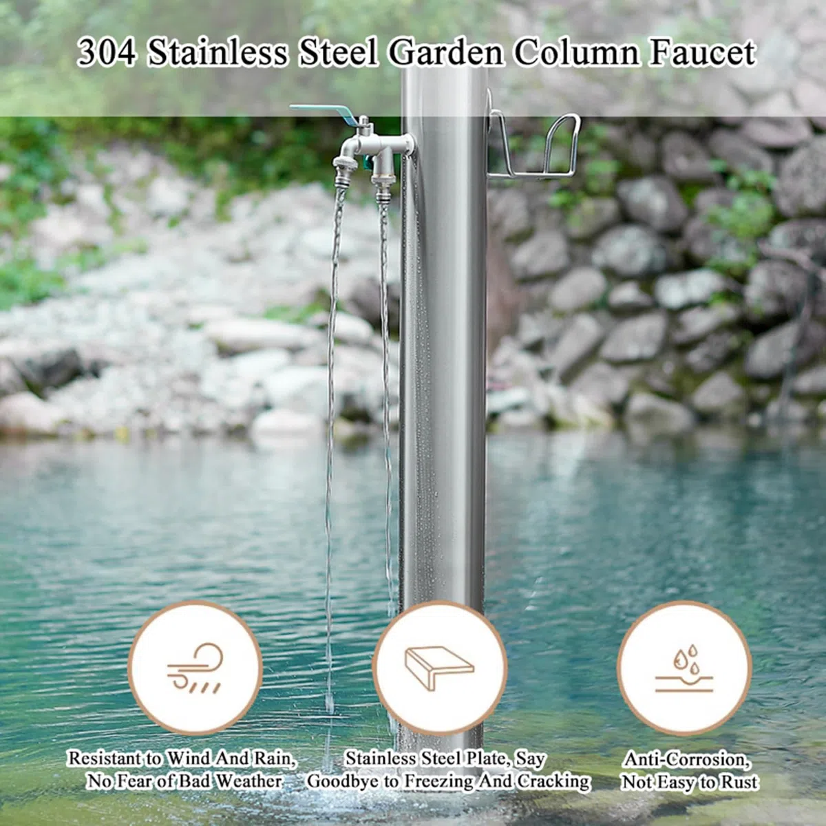 Fontana da Giardino Esterno con Struttura a Colonna con Staffa per Appendere Il Tubo e Doppio Rubinetto, Fontanella a Colonna In Acciaio Inox 86cm