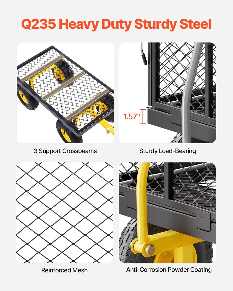 VEVOR Carrello da giardino in acciaio da 226,8 kg, resistente carrello da giardino estraibile su ruote, carrello da giardino in metallo con pneumatici da 25,4 cm, lati rimovibili in rete e manico