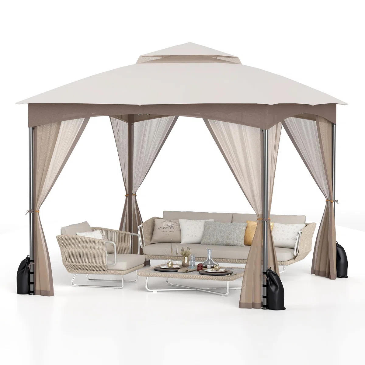 RELAX4LIFE Pergola da 3 x 3 m, con Zanzariera, Padiglione Idrorepellente con Doppio Tetto, Gazebo da Giardino con Telaio in Metallo, 8 Picchetti per il Terreno, 4 Sacchi di Sabbia (MARRONE)
