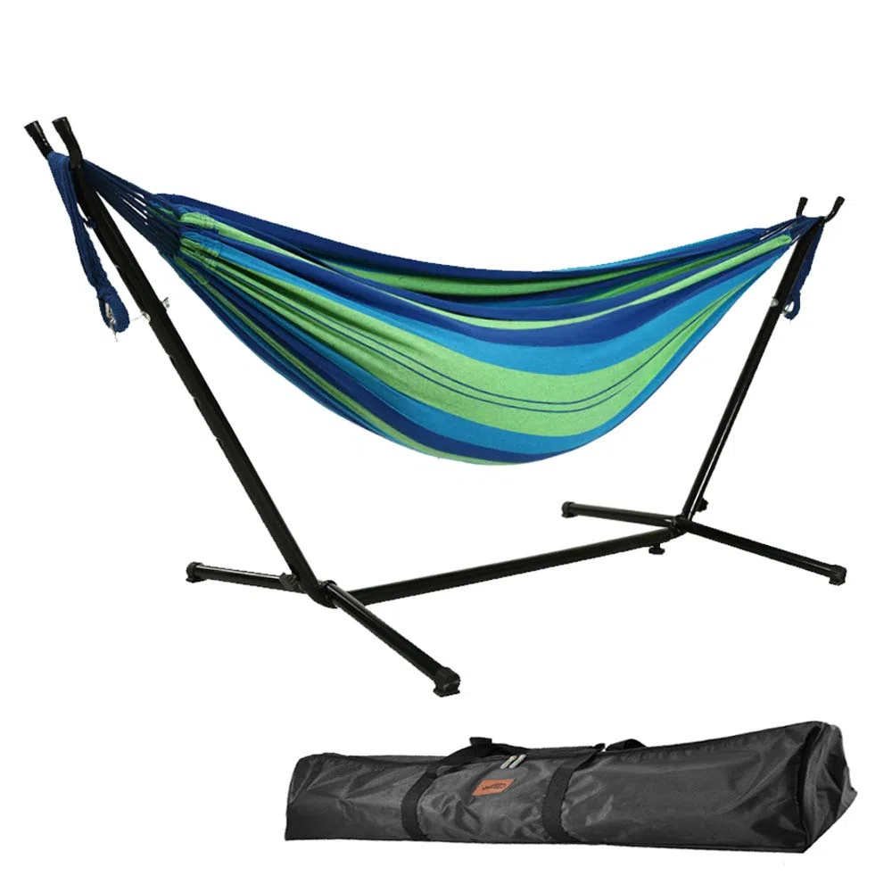 Goutime Amaca doppia da 2,6 m con supporto, capacità di 250 kg, Altezza Regolabile Telo Cotone Resistente,include borsa da trasporto portatile perfetta per patio esterno, terrazza, balcone (blu-verde)