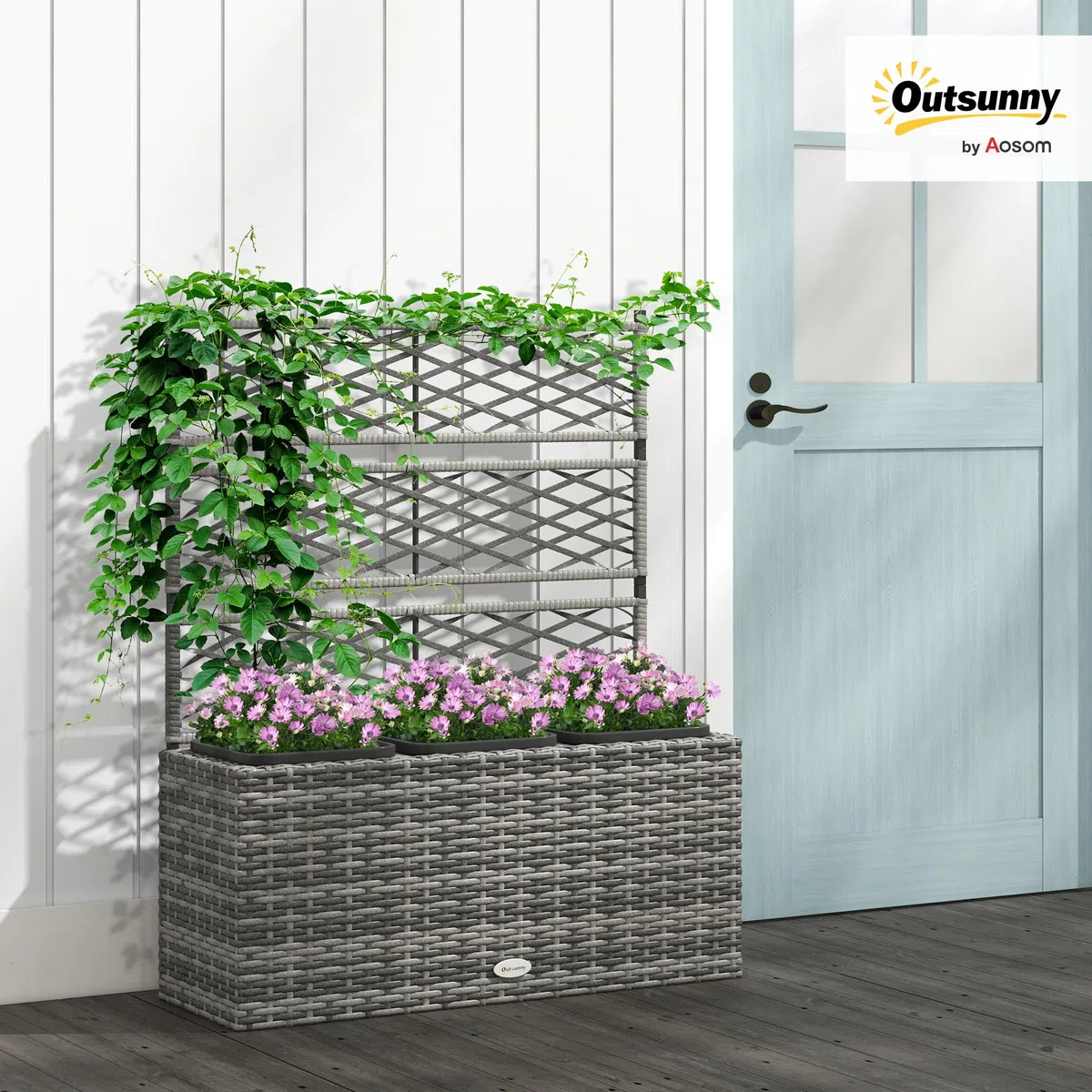Outsunny Fioriera per Piante con Grigliato per Rampicanti, Aiuola Rialzata con 3 Vasi Interni, Struttura in Acciaio e Rattan PE, 84x30x107cm, Grigio