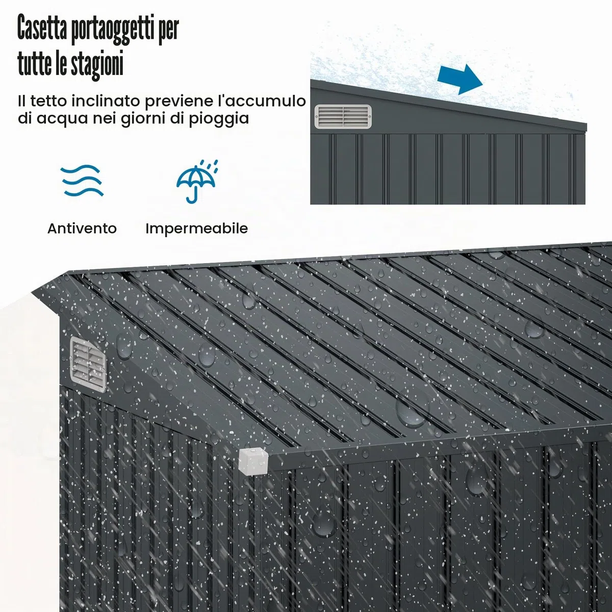 HOMASIS Casetta Attrezzi Giardino in Metallo, Capanno per Attrezzi con 2 Porte e 2 Finestre per Ventilazione, 235 x 117 x 185 cm, Ripostiglio da Esterno con 2 Paia di Guanti (Grigio Scuro)