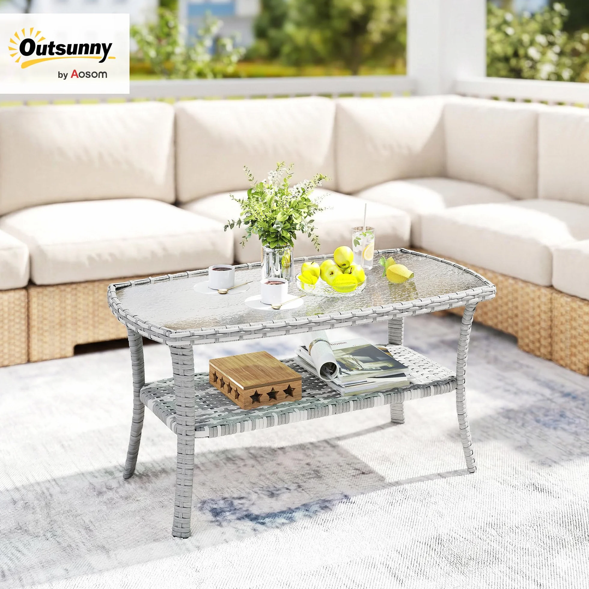Outsunny Tavolo da giardino esterno in rattan con mensola, tavolino rettangolare da giardino, piano in vetro temperato con onde, struttura in acciaio, per terrazza, patio, 90 x 50 x 45 cm, grigio