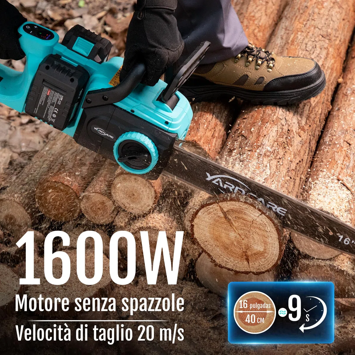 YARDCARE Motosega a batteria da 16 pollici, motore brushless da 1600 W, velocità catena 21 m/s, display LED, 2 batterie da 4 Ah, tensionamento senza attrezzi e lubrificazione automatica