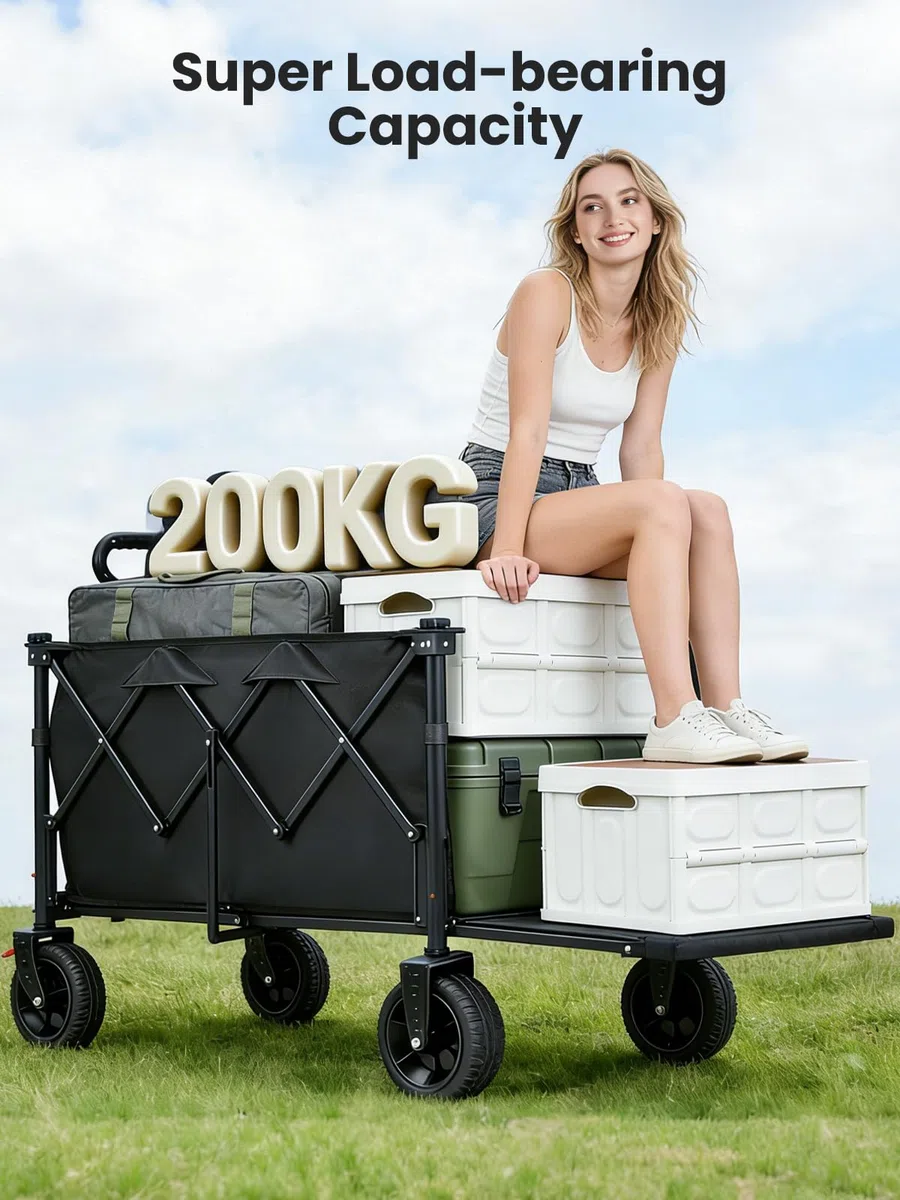 YEAUPE PRO Carrello Spiaggia, Carrello Pieghevole con Ruote – Doppi freni ant., ruote grandi, manico reg., post. aprib. oggetti lunghi – per campeggio/spiaggia, 160-240L, Nero Lucido