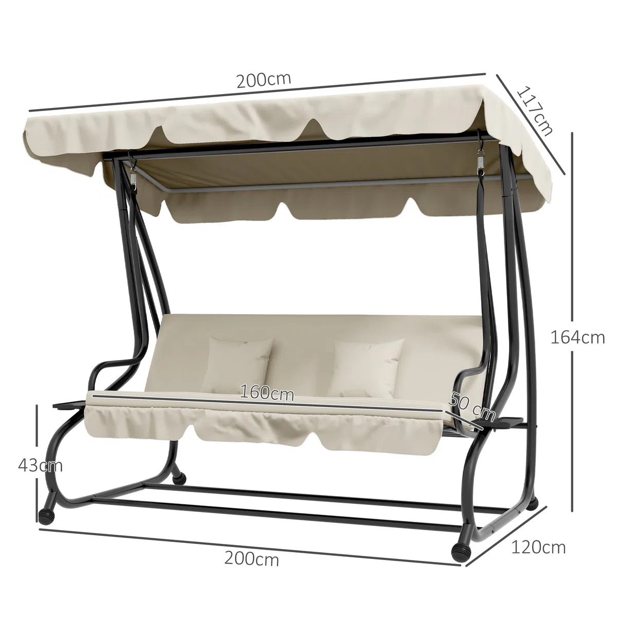Outsunny Dondolo Letto da Giardino con Tettuccio Regolabile e Vassoi Portabicchieri, Dondolo da Giardino in Acciaio e Poliestere, 200x120x164 cm, Crema