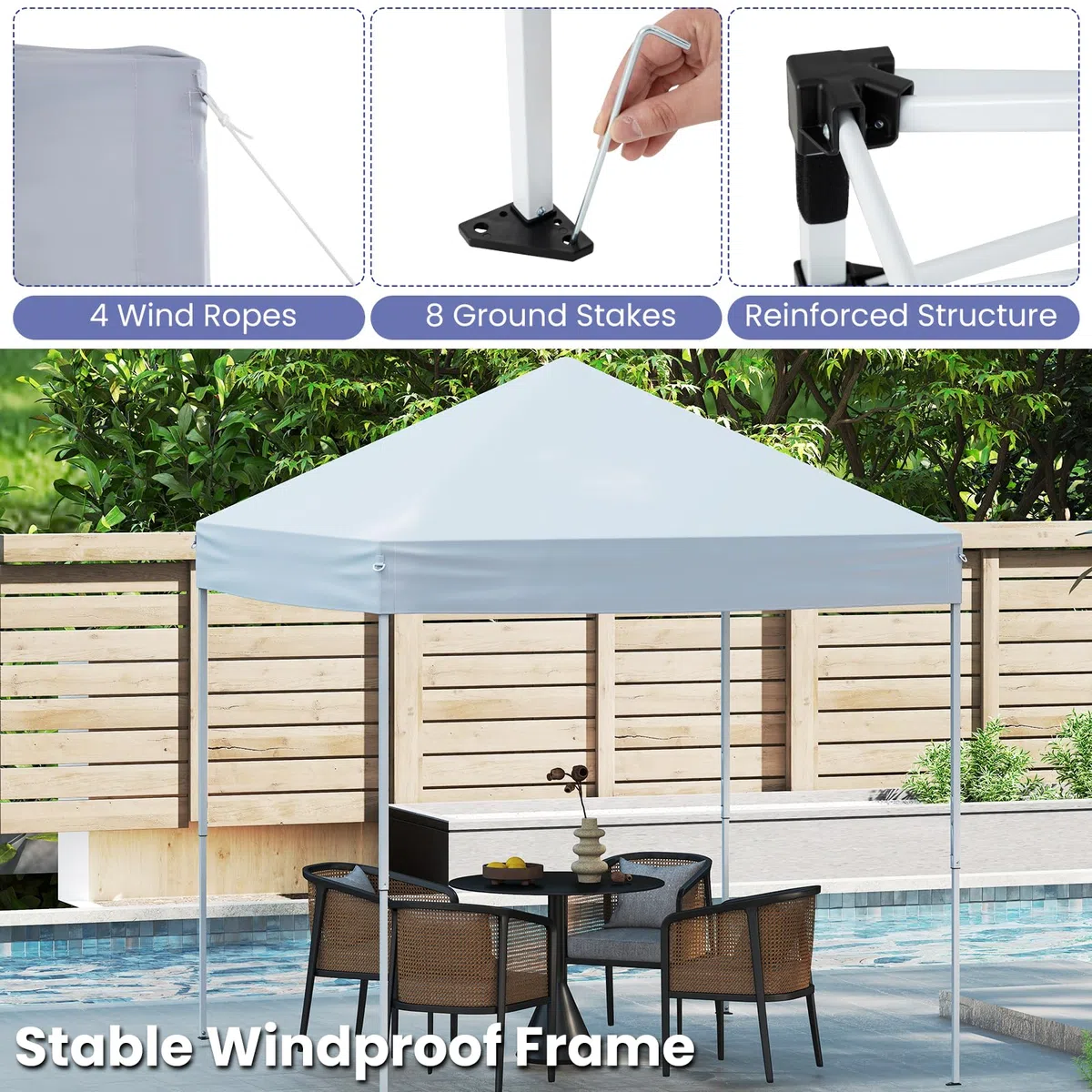 HOMASIS Gazebo Pieghevole Impermeabile 2 x 2 M, Gazebo Esterno Resistente con 4 Corde Antivento e 8 Picchetti, Tenda Pop Up Regolabile in Altezza e Borsa per il Trasporto per Campeggio (Bianco)