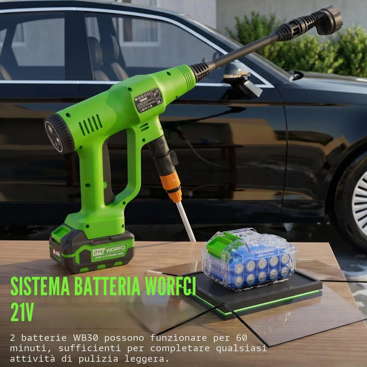 Idropulitrice senza fili da 21 V, rondella portatile a batteria 6 in 1 con 2 batterie e caricabatterie, tubo intrecciato da 6,5 m per la pulizia di auto/patio