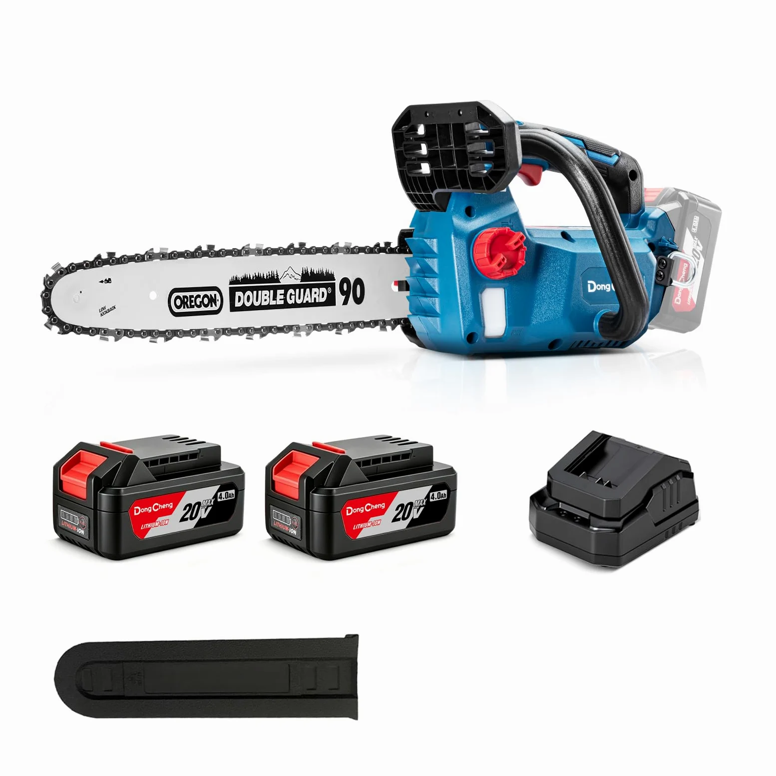 DongCheng Motosega a batteria 20V, brushless, 12 m/s, lama OREGON 30cm, 2x4,0Ah. Tendicatena senza attrezzi, lubrificazione automatica, 2kg (senza batteria), Giardino, legna, potatura