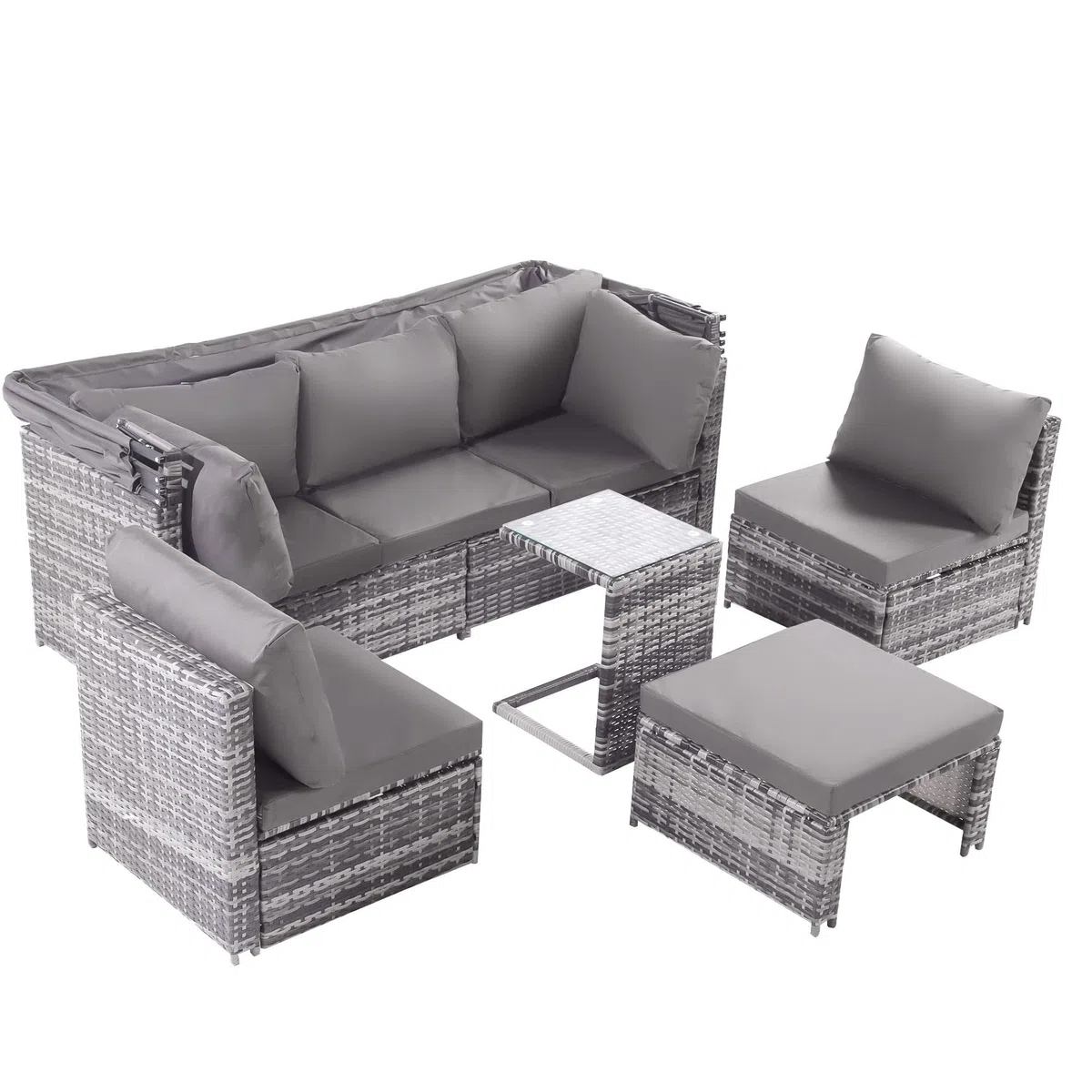 Set di sedie da giardino in rattan, divano con tettuccio parasole, sgabello, poltrone e tavolo, mobili da giardino per esterni, mobili da giardino, balcone e giardino, mobili da terrazza