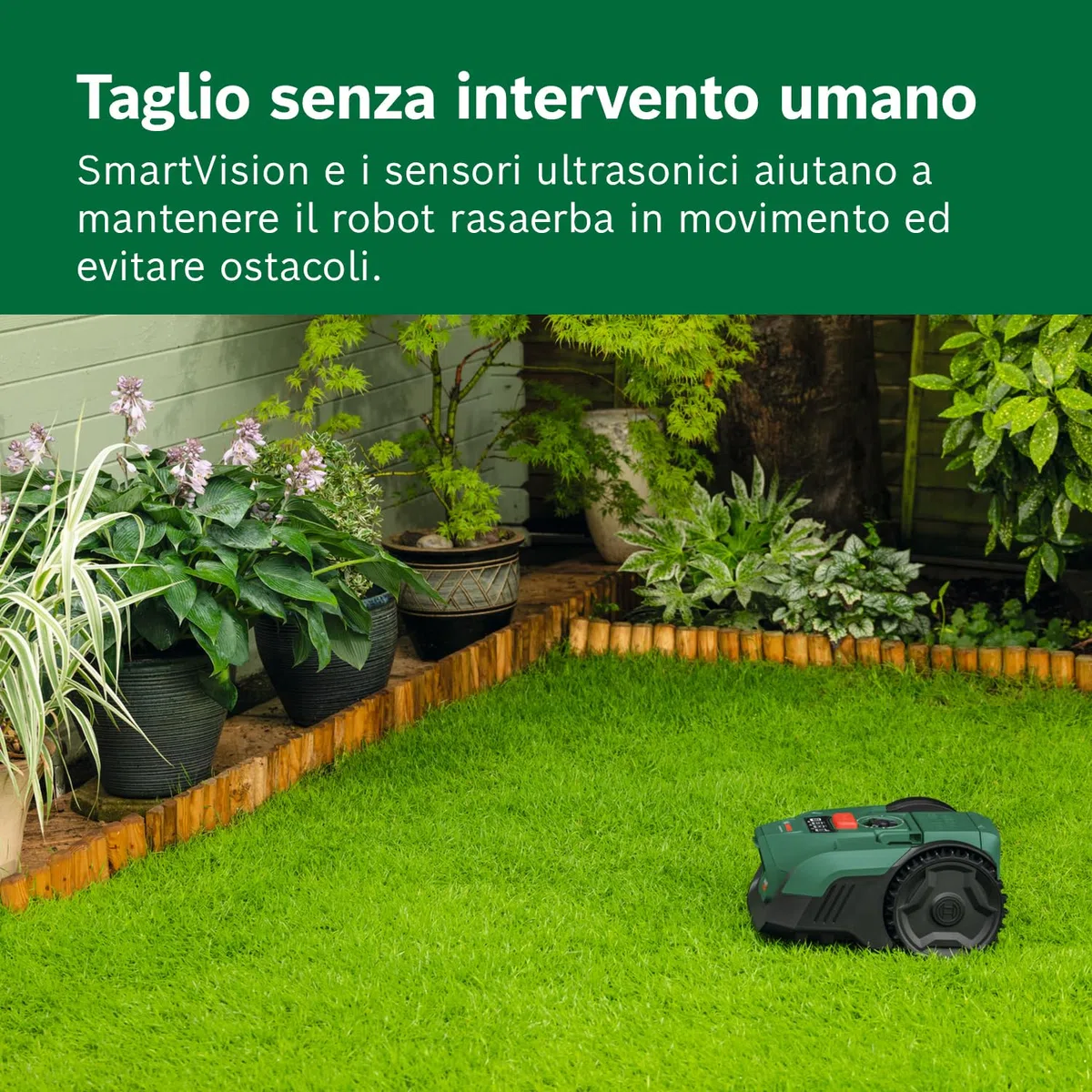 Bosch Robot rasaerba a batteria VISIMOW18V-100 (per prati fino a 100 m², larghezza di taglio: 16 cm, altezza di taglio: 20-60 mm, con lame di ricambio, inclusi batteria e caricabatteria)