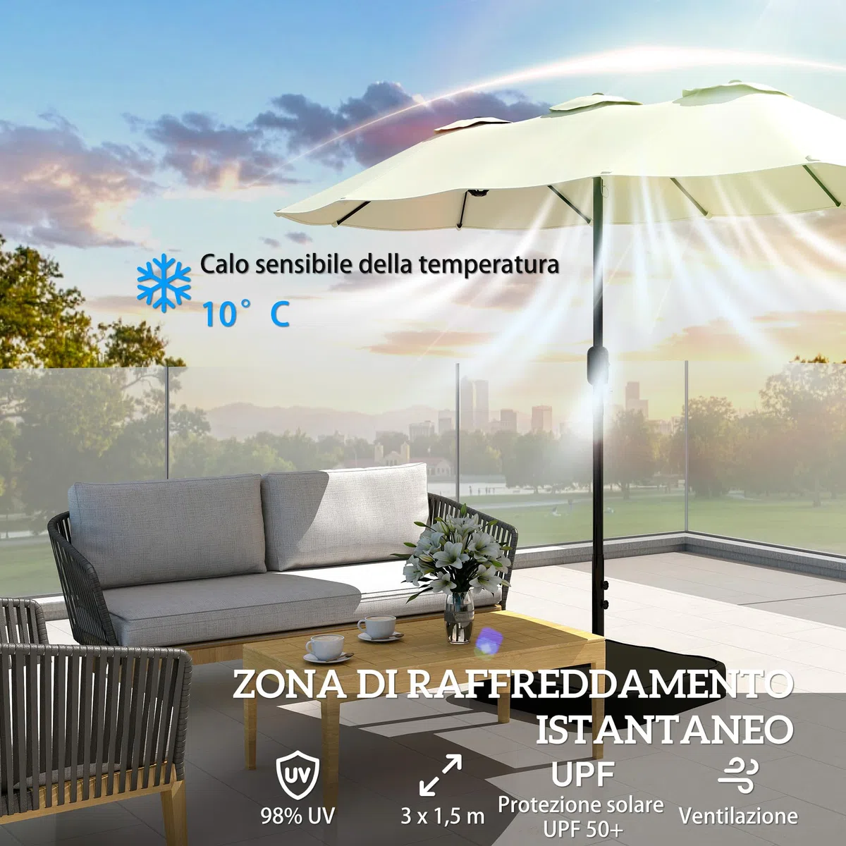 Outsunny Ombrellone Doppio da Giardino 3x1.5 m con Base a Croce, Sacchi di Sabbia, Ombrellone da Esterno Rettangolare con Manovella, 12 Stecche, UV 50+, per Patio Terrazzo Balcone