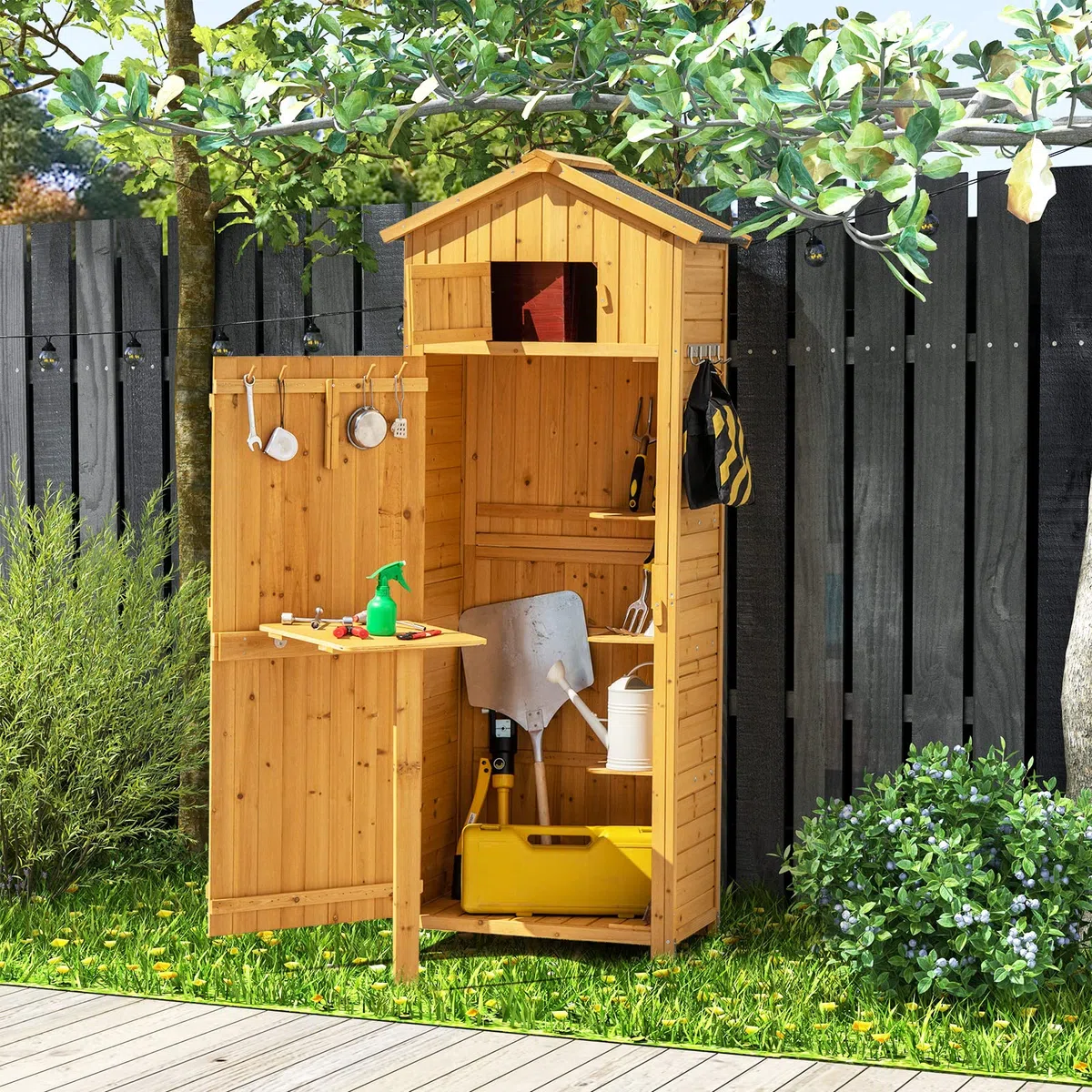 RELAX4LIFE Armadio da Esterno in Legno Massello Verniciato Giallo – Doppia Porta + Tavolino Pieghevole – Tetto in Asfalto Antipioggia – 65x42x180,5 cm – per Giardino, Patio e Cortile
