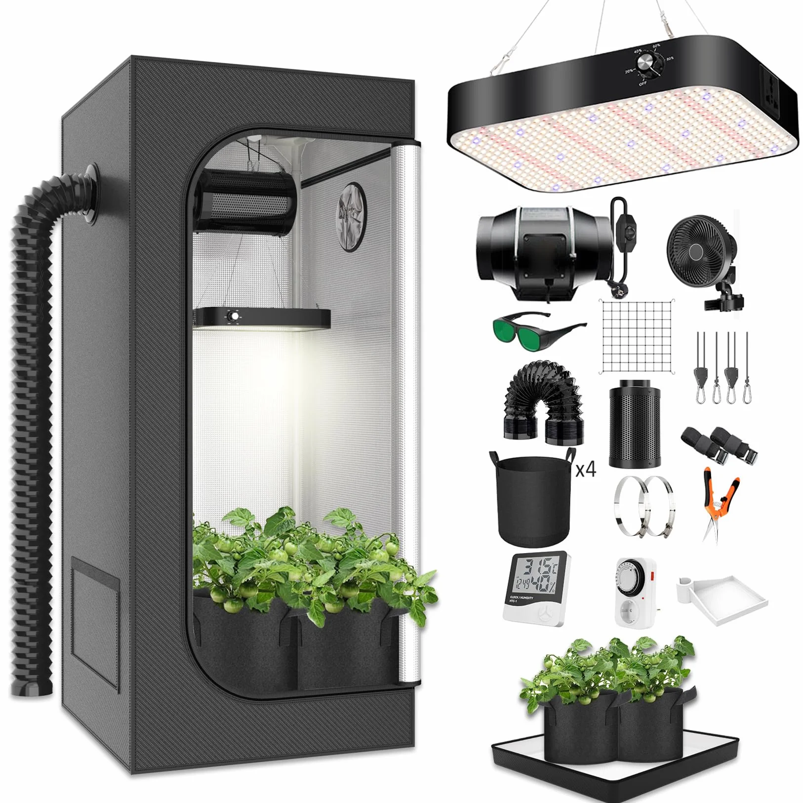 Grow Box 120x120x200cm Growbox, lampada da coltivazione a LED dimmerabile a spettro completo da 200W, kit completo per tenda da coltivazione Set completo per tenda da coltivazione idroponica