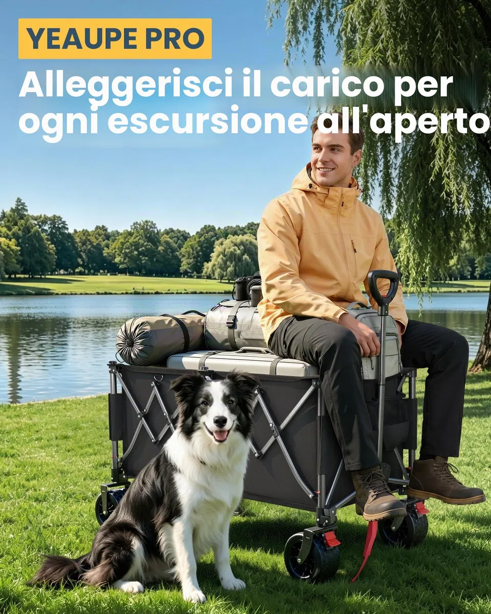 YEAUPE PRO Carrello Spiaggia Pieghevole XXXL – Doppi freni, doppia forcella rinforzata, ruote grandi, manico regolabile, rete elastica inclusa, carrello con ruote portatutto – 250kg/260L, Nero Carbone