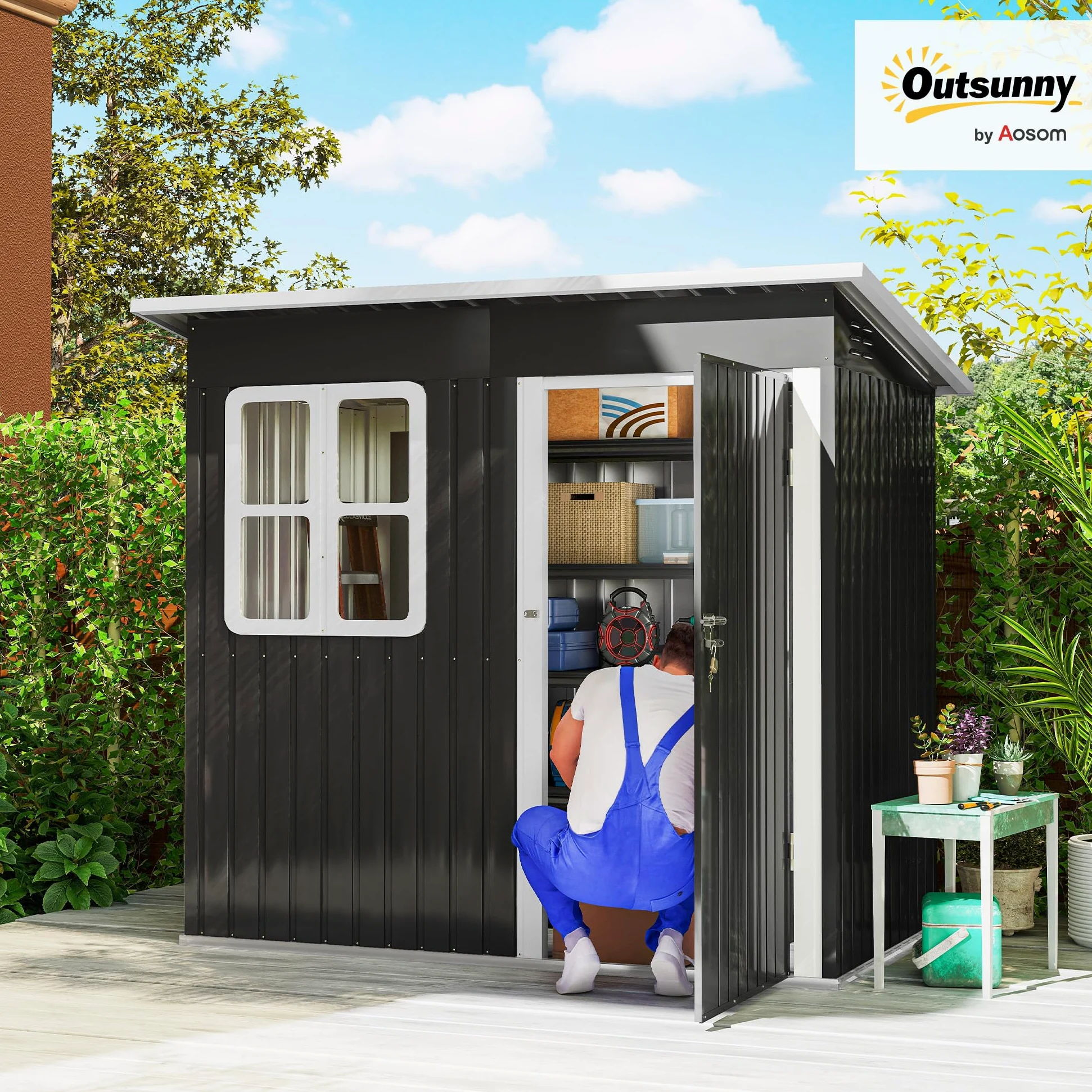 Outsunny Casetta da Giardino 2.55m² in Acciaio Zincato, con Kit di Fondazione, Capanno da Giardino Porta Attrezzi con Porta Bloccabile, Tetto Inclinato, Finestra, per Esterno, Grigio Scuro
