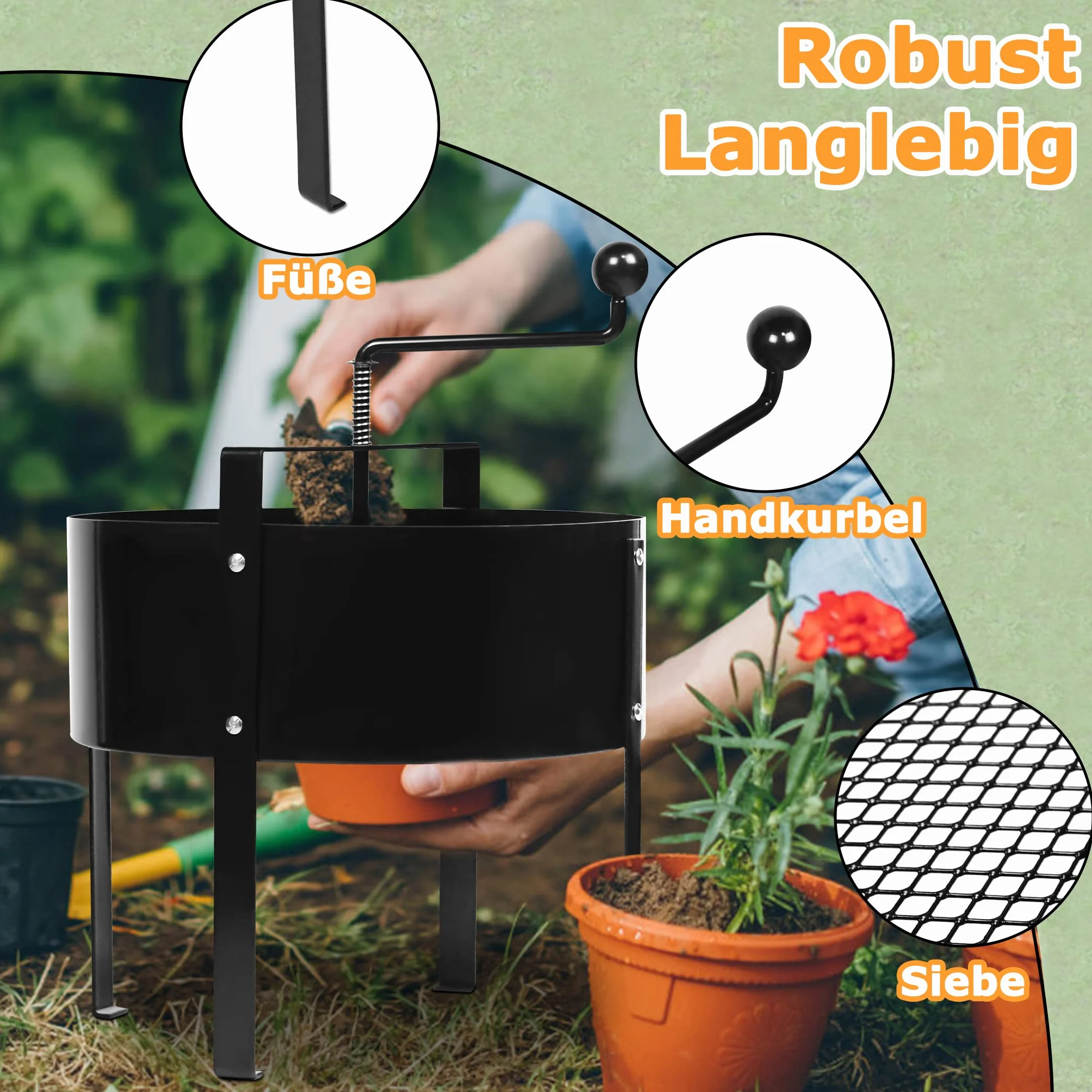 UISEBRT Setaccio da Giardino a manovella, Setaccio rotativo per compost, Ø 40 cm, in metallo, per pietre, compost, erbacce, sabbia, nero