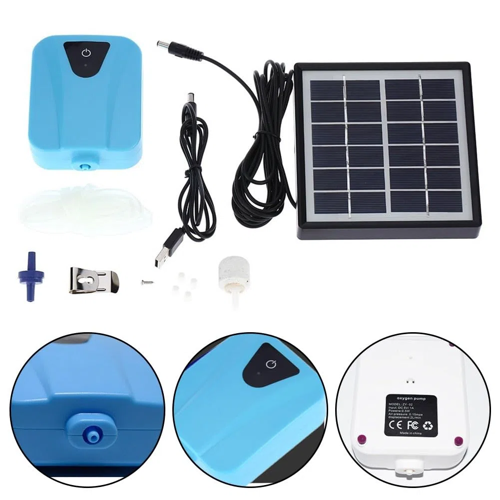 Aeratore per laghetto a energia solare con flusso d'aria da 2 l/min, ossigenazione ABS per laghetti e acquari esterni, include pannello solare, pietra porosa e caricatore CC