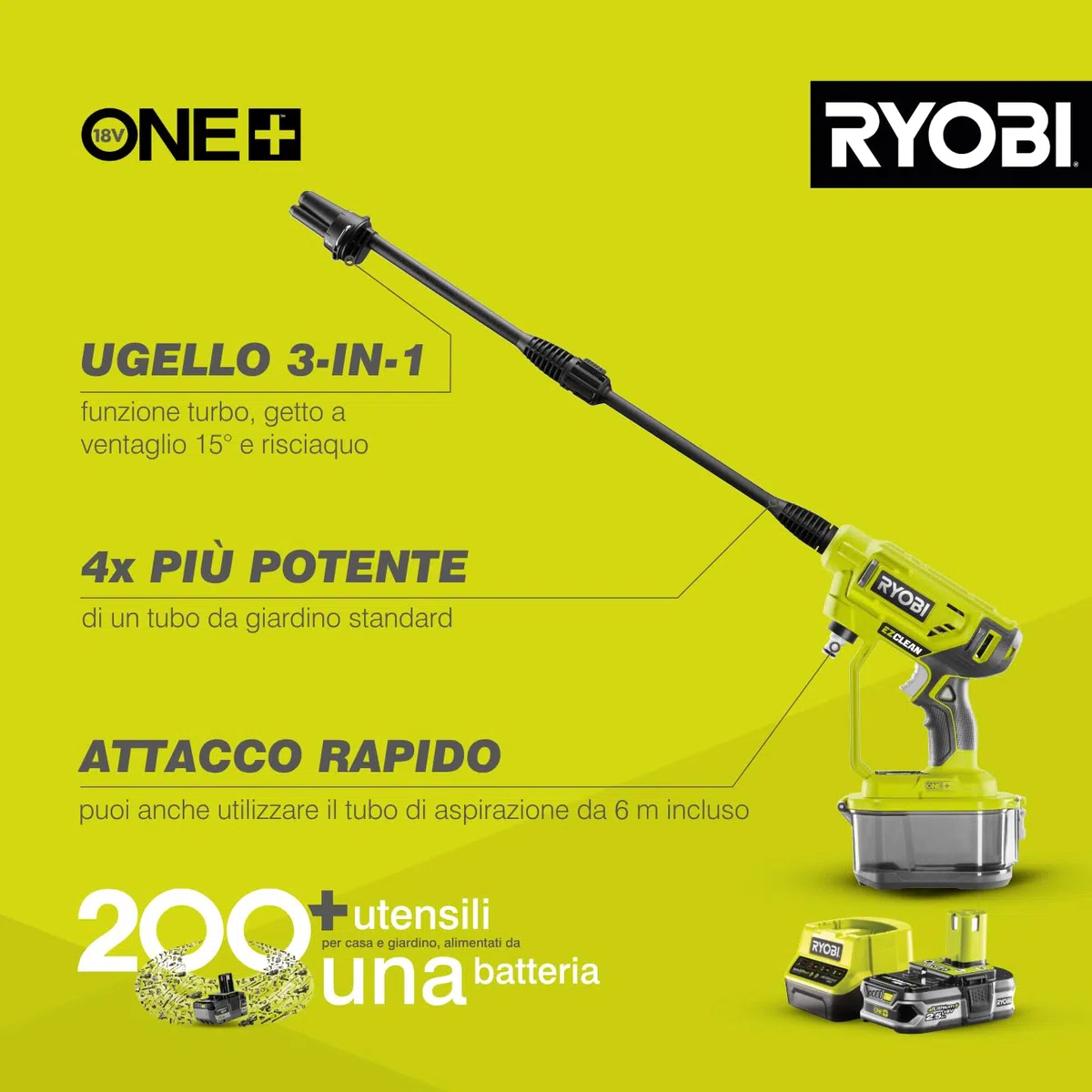 Ryobi Idropulitrice Portatile a Batteria 18V ONE+ con Batteria 2,5Ah e Caricatore, 22 bar, Autoadescante, Ugello Multigetto, Alloggiamento Batteria Impermeabile, RY18PW22A-125