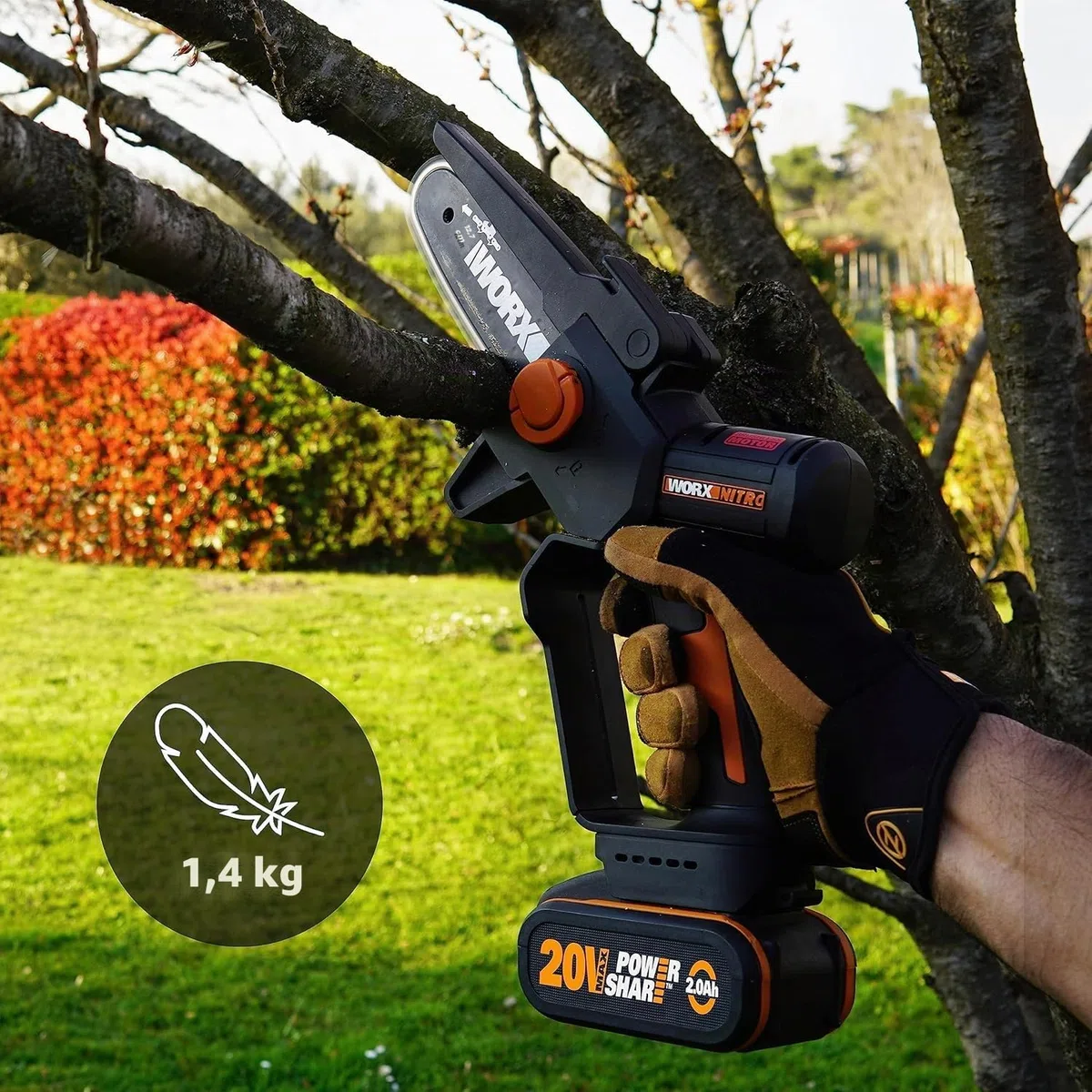 WORX 18V (20V MAX) Mini Motosega a Batteria, Elettrica Motosega senza Fili, Leggera e Portatile, PowerShare, 1 Batteria, 1 Caricabatterie, Barra da 12 cm, WG324E.1