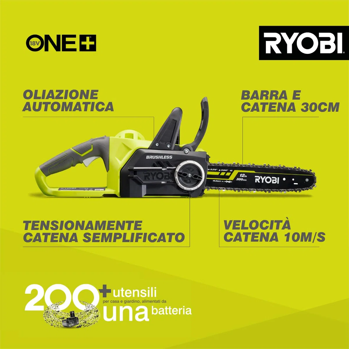 Ryobi OCS1830 Elettrosega Brushless A Batteria 18V ONE+, Impugnatura Ergonomica, Freno Catena Automatico, Batteria Non Inclusa, Barra 30 Cm, Velocità Catena 10m/s