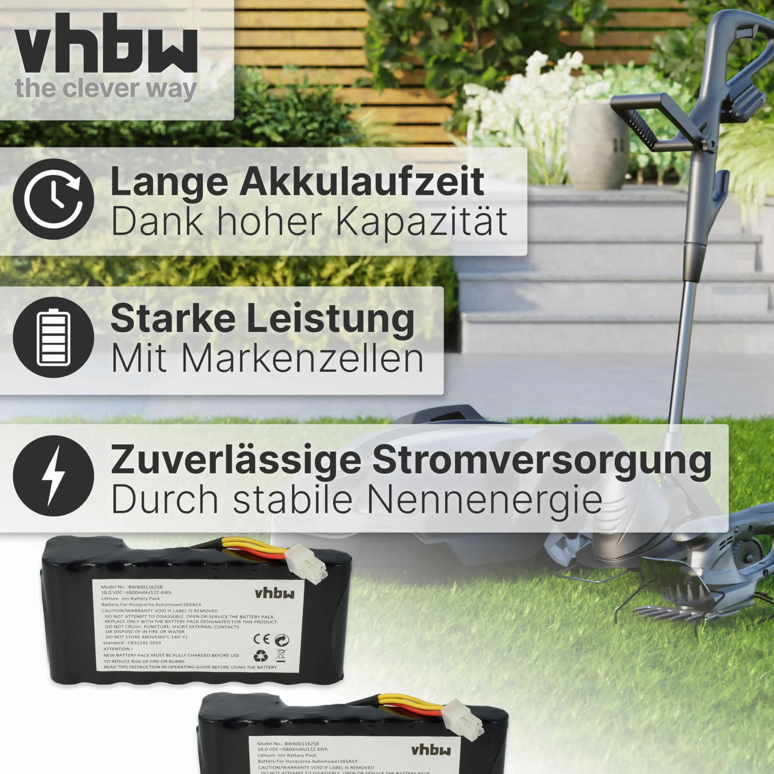 vhbw 2x batteria sostituisce Husqvarna 589 58 57-01, 593 1 141-02, 593 11 41-03, 593 11 41-01 per robot tagliaerba 6800mAh 18V Li-Ion
