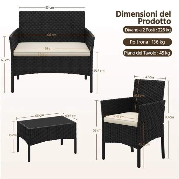 Yaheetech Set da Giardino in Rattan, 4 Posti, con divano a 2 posti, 2 sedie, tavolo e cuscini per seduta resistente alle intemperie, Salotto da Siardino Esterno, per Terrazza Balcone Patio