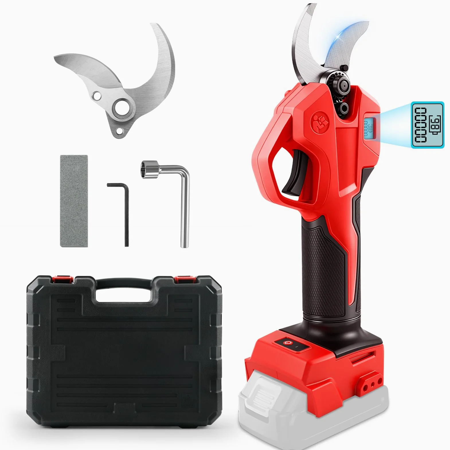 Taglierina per rami senza fili, compatibile con batteria Milwaukee M 18 V (senza batteria), forbici per albero senza spazzole a 2 velocità, display digitale, diametro di taglio 30 mm, lame di ricambio