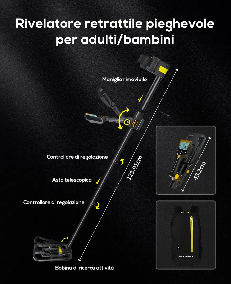 Metal Detector Professionali - 2000mAH Ricaricabile Metal Detector Oro per Adulti con Display LCD, Alta Precisione, Bobina di Ricerca IP68 Impermeabile da 10", Pieghevole e Retrattile
