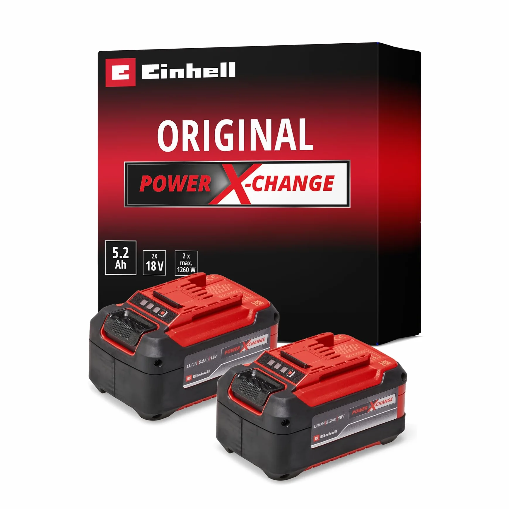 Due batterie Power X-Change originali Einhell PXC-Twinpack da 5,2 Ah (18 V, 5200 mAh, 1260 W, incluse due batterie da 5,2 Ah senza caricabatterie)