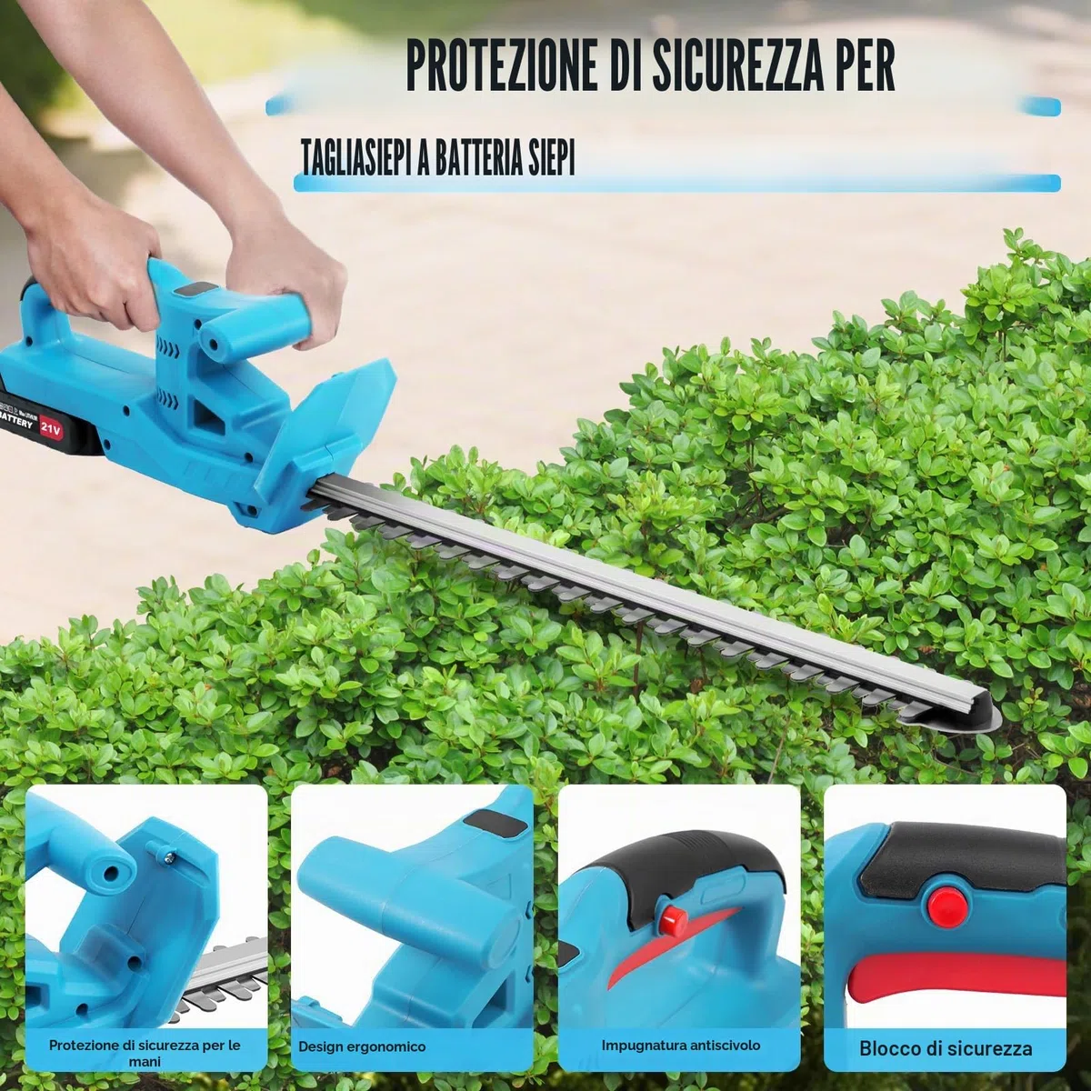Tagliasiepi a batteria, 21 V, elettrico da giardino, batteria con 2 batterie e caricabatterie, lunghezza di taglio 50 cm, distanza tra i denti 17 mm, lama doppia azione, con display LED, custodia